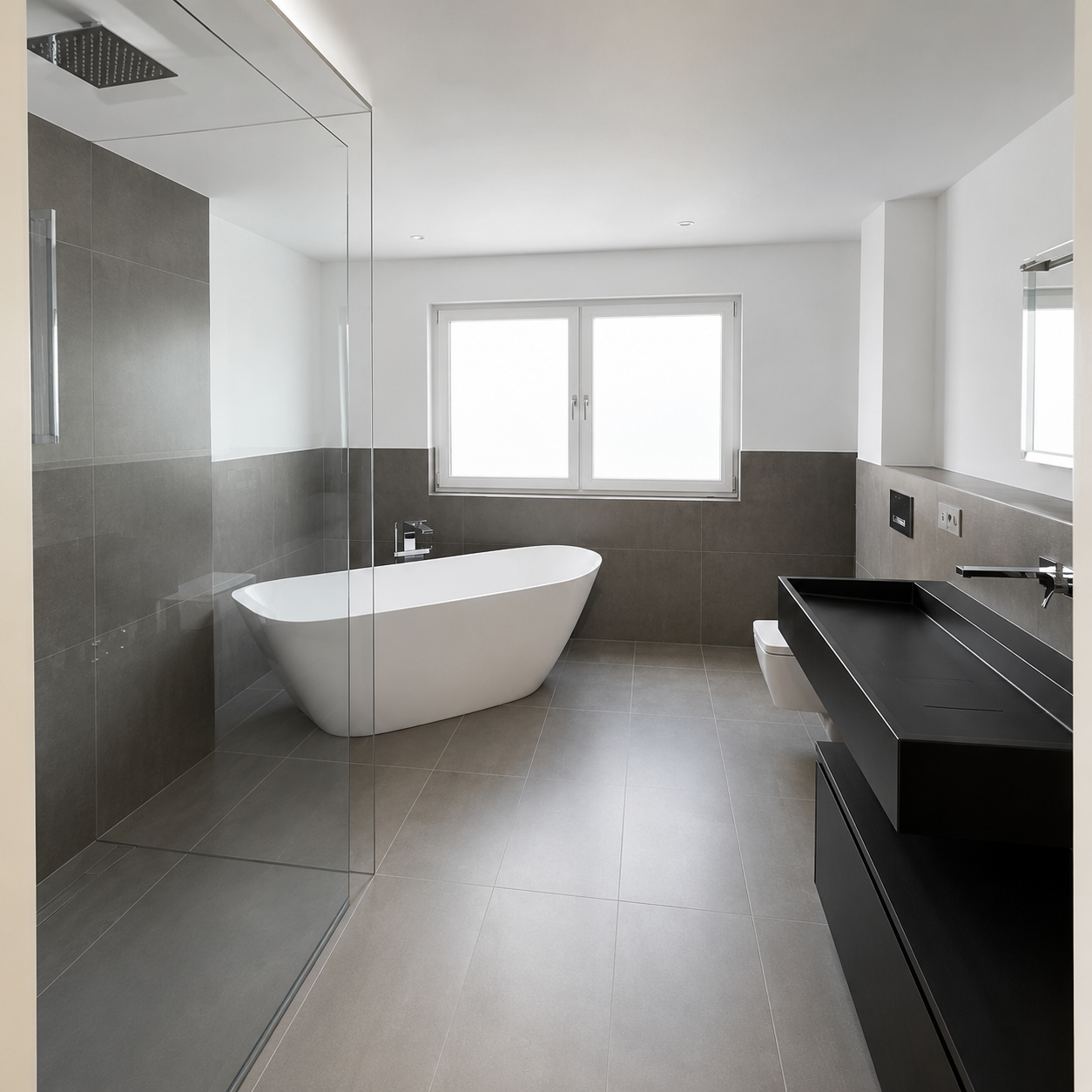 Modernes Badezimmer mit freistehender Badewanne und Dusche