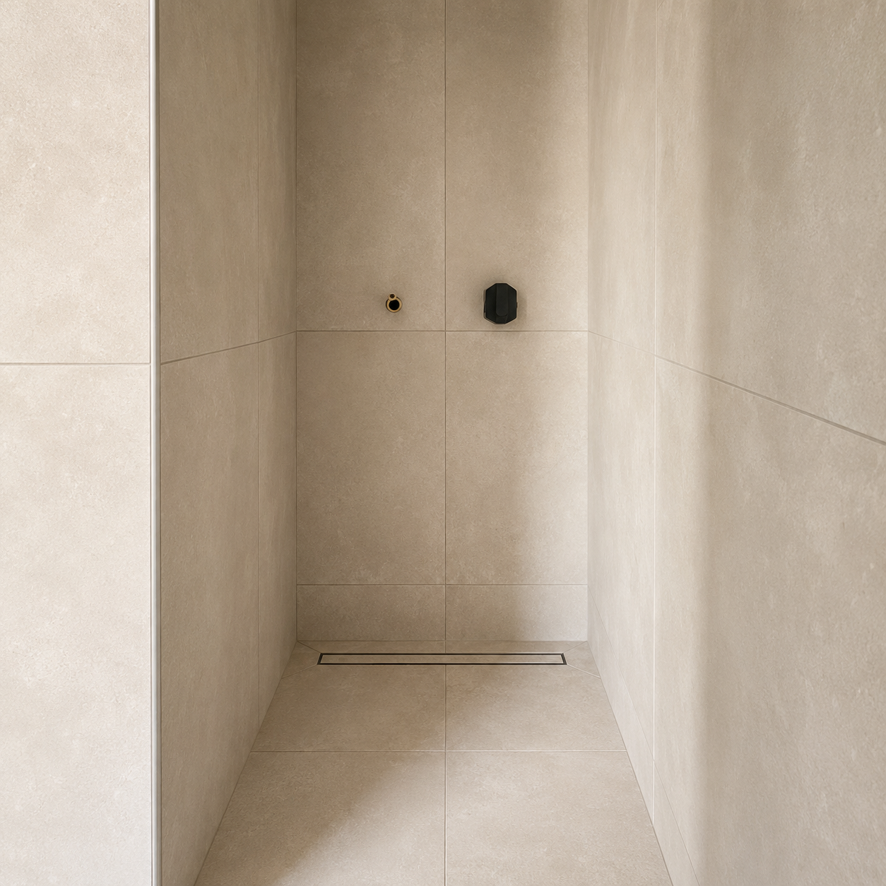 Großformatig geflieste Walk-in-Dusche